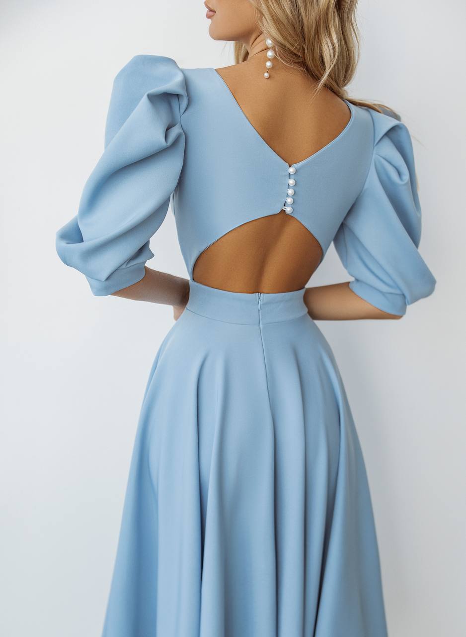 Blue midi dress "Open back pearl"